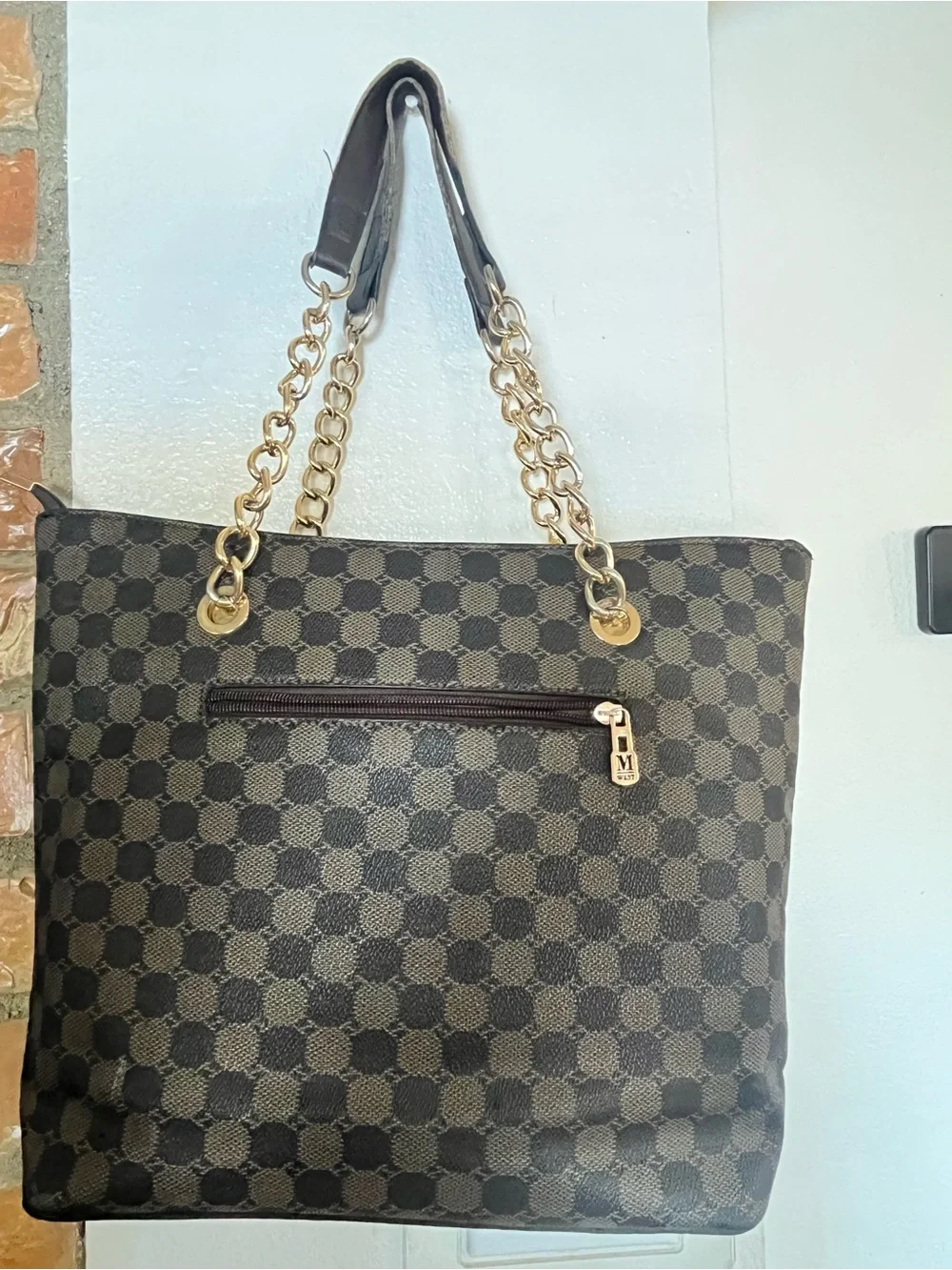 Montana West Brown Checker Tote with Gold Chain Straps